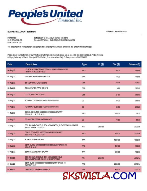 People' s United Bank business statement, Word and PDF template